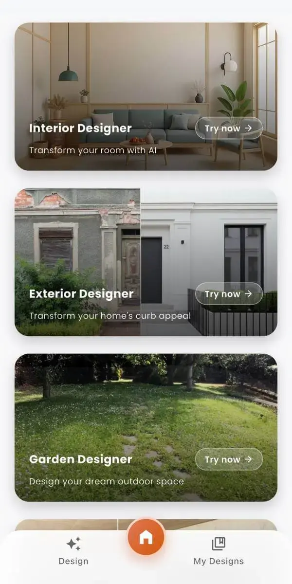 DecorAI AI interior design app preview showing room transformation interface
