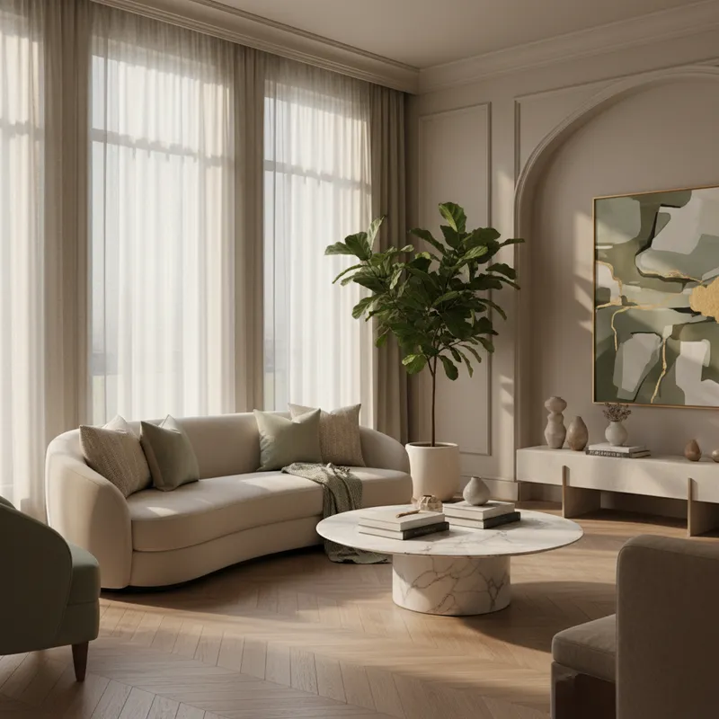 Stunning AI generated interior design result - modern living room with sage green accents