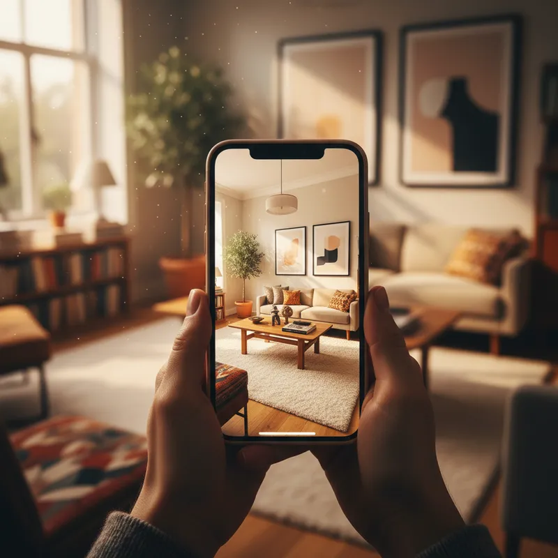 Woman using DecorAI app on smartphone to redesign her living room with AI interior design