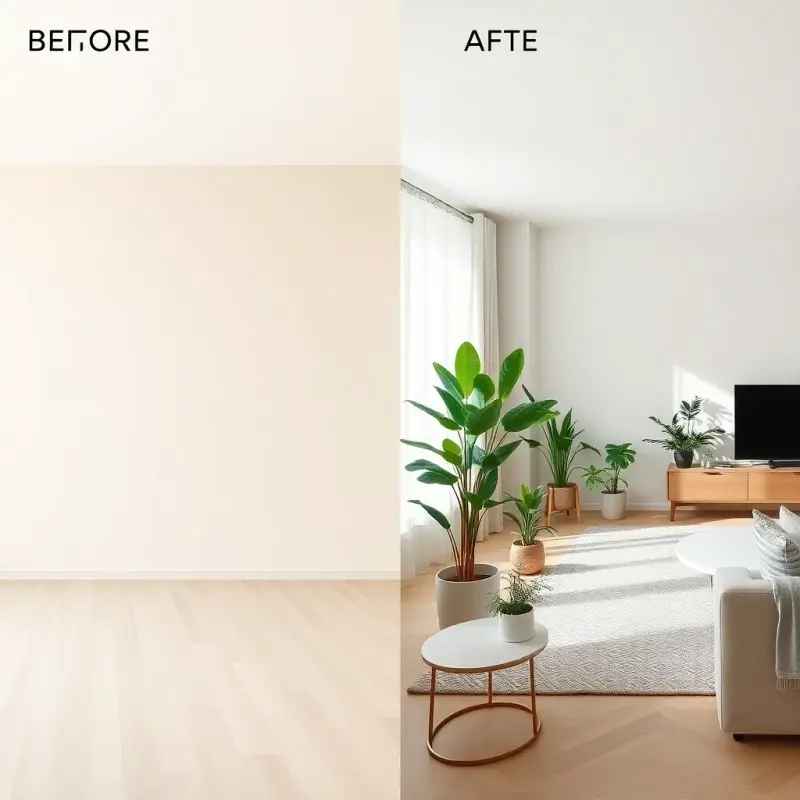 AI interior design before and after - living room transformation from empty to Scandinavian style