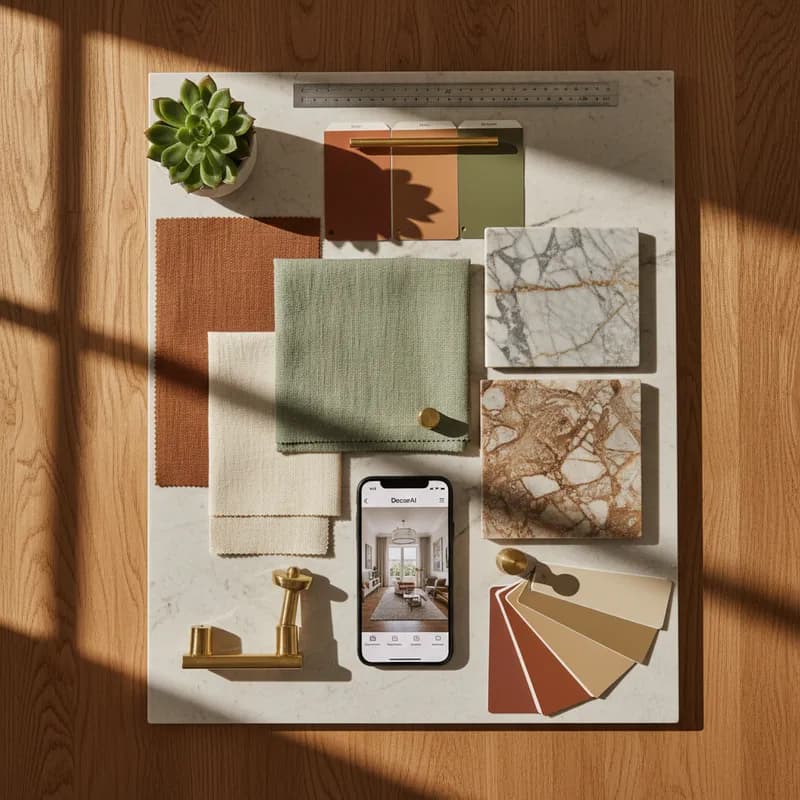 Interior design mood board with AI room design app on smartphone showing room transformation