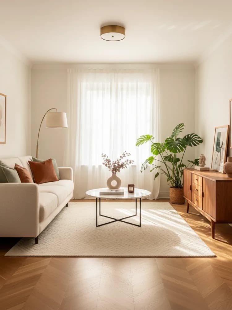 After - beautifully redesigned modern living room with AI interior design